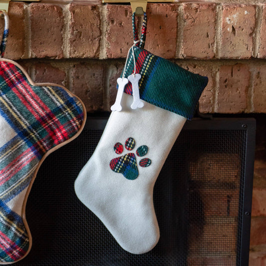 Woven Plaid and Felt Pet Christmas Stocking with Paw Print and Bone Charms