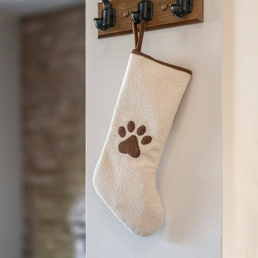 Bouclé Pet Christmas Stocking wth Paw Print and Brown Trim