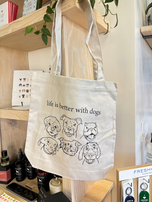 "Life is Better with Dogs" Illustrative Tote Bag