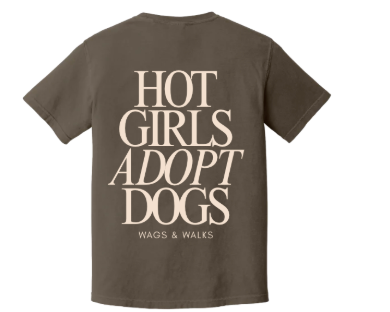 Brown t-shirt with pink  'Hot Girls Adopt Dogs' text on a white background